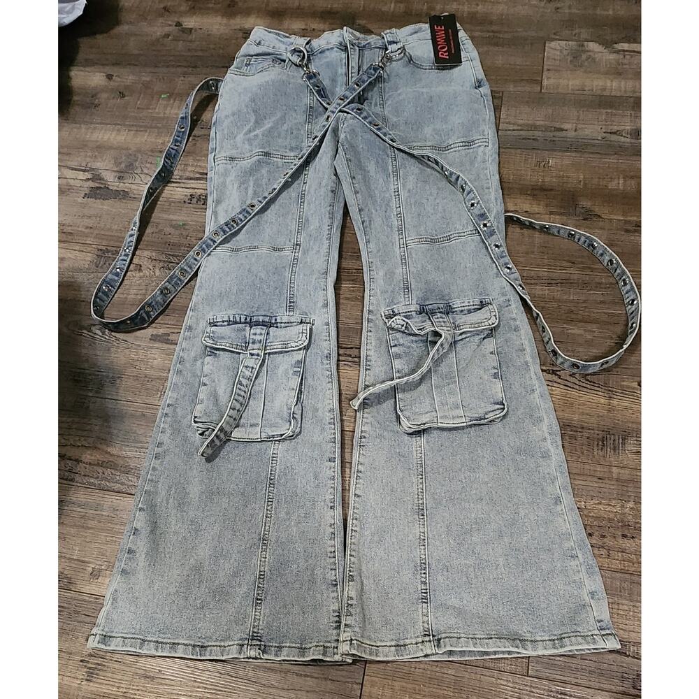 Romwe Women’s Rave Jeans Size L 8/10 Strappy Light Blue Denim 2073